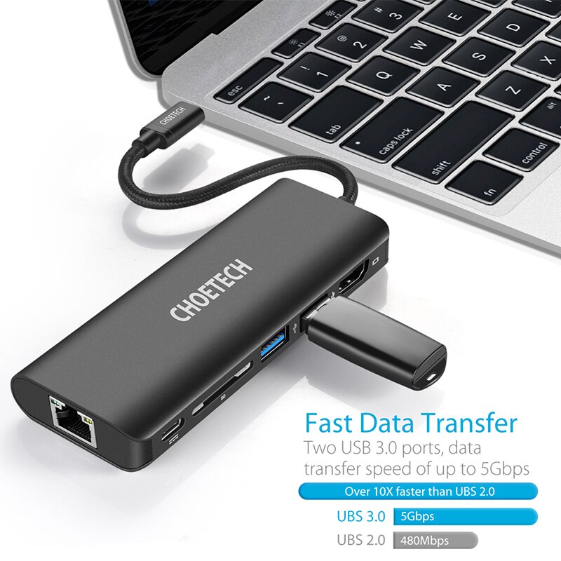 CHOETECH USB HUB C HUB to Multi USB 3.0 HDMI RJ45 Adapter SD Reader for MacBook Pro USB-C Type C 3.0 Splitter 2 Port USB C HUB