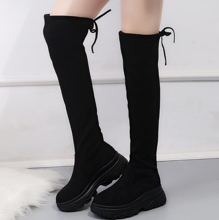 Stretch Fabrics Over The Knee woman High Boots Height Increasing Round Toe platform Women Shoes Autumn Winter Casual Long Boots: Beige / 7