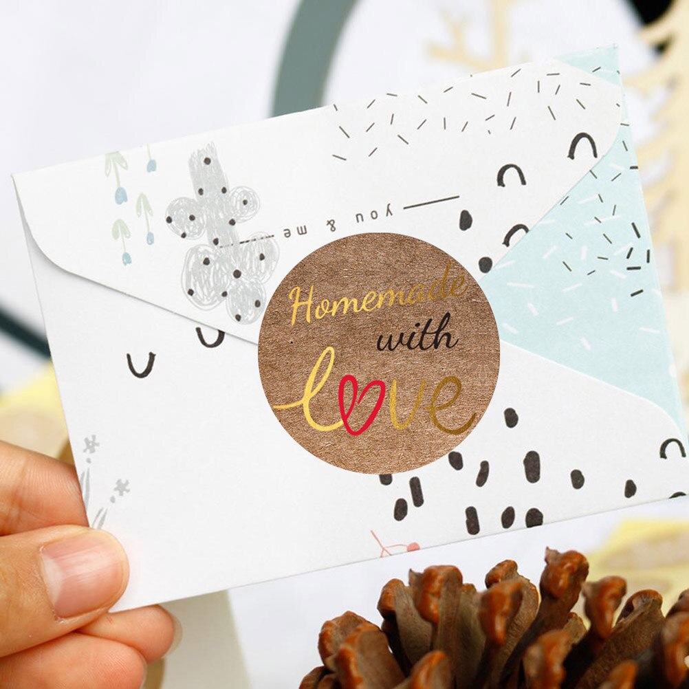 500Pcs Kraft Papier Zelfgemaakte Met Liefde Stickers Scrapbooking Ronde Zelfklevende Stickers Handgemaakte Seal Labels Sticker