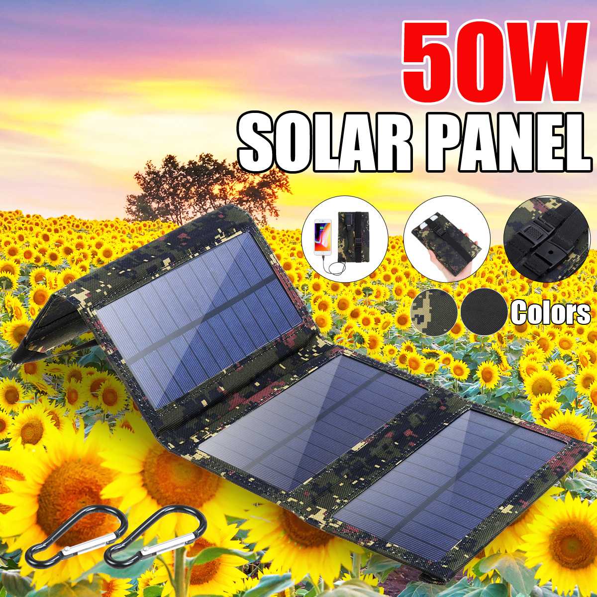 Foldable 50W Solar Panel 5V Sun power Solar Cells Folding Pack W/ 2 X Carabiners Portable Solar Charger for Phone Camping