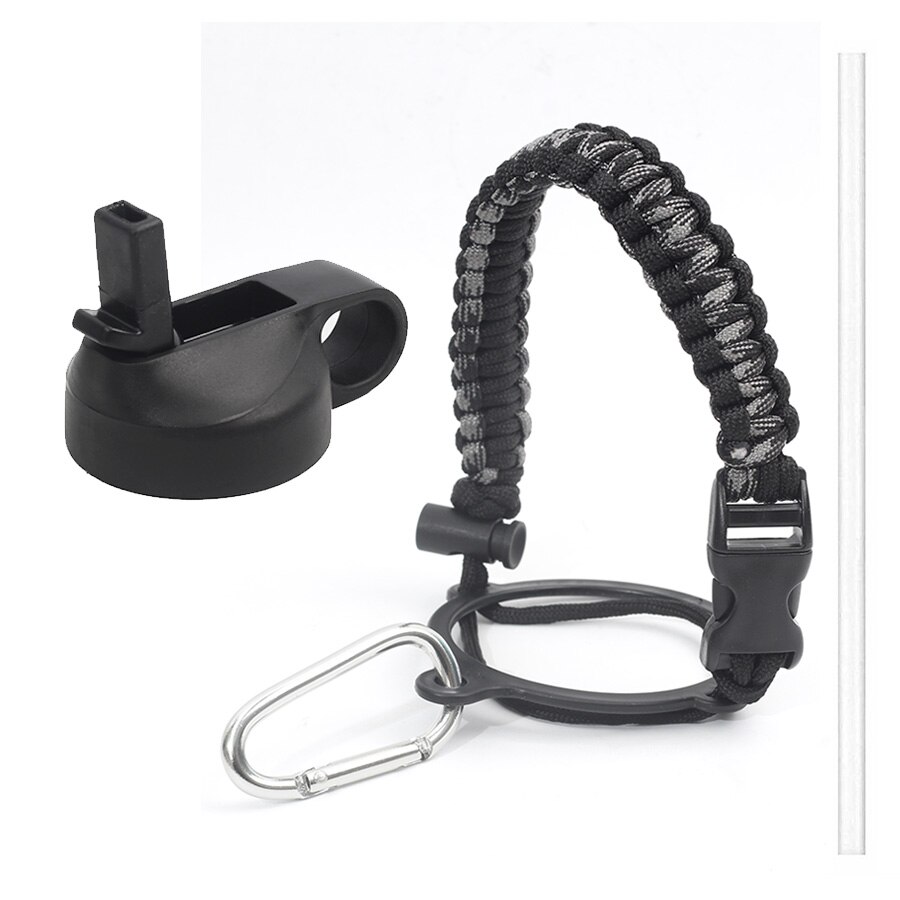 Hydro Flask Thermos Wide Mouth Bottle Safety Ring and Carabiner Paracord Handle with Insulated Wide Mouth Cap + Water Cup Strap: Gray