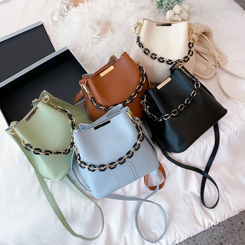 Exquisite Shopping Bag Women Bucket Shoulder Bag Simple Solid Color PU Leather Daily Crossbody Satchel