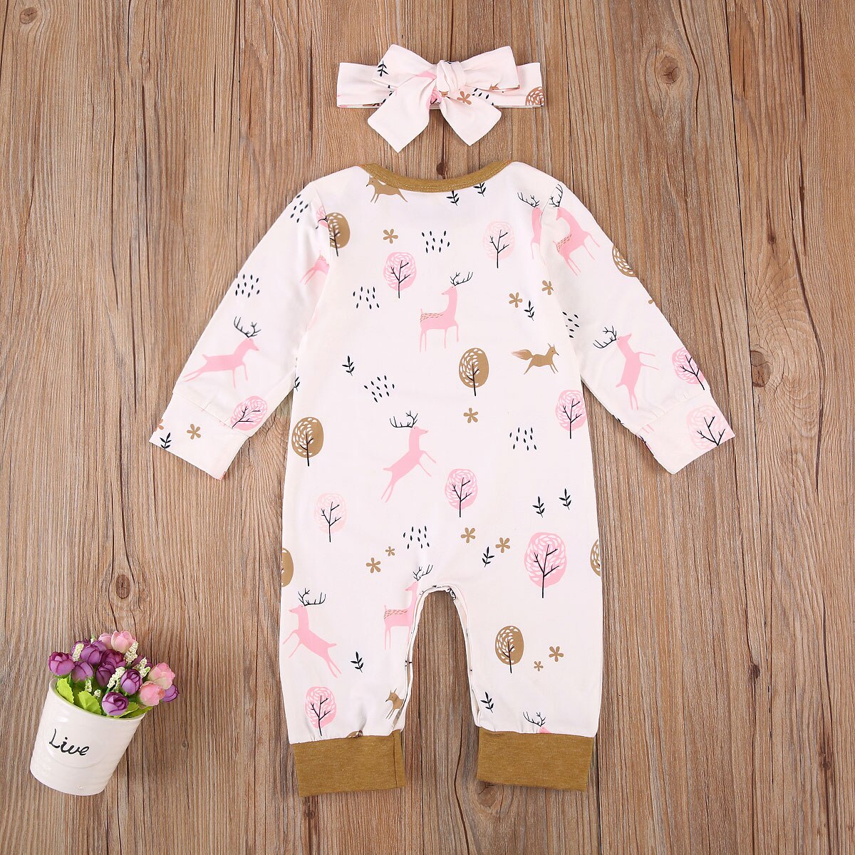 0-24M Newborn Baby Girls Boys Cotton Cartoon Long Sleeve Loose Jumpsuit Button Decoration Cute Bow Headband