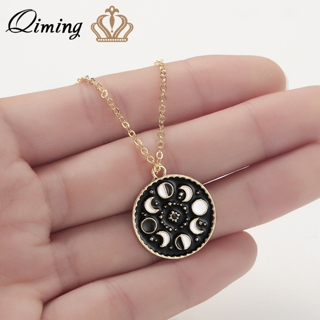 QIMING Moon Phase collana nera per donna Glow In The Dark collane con pendente a mezzaluna Vintage con smalto luminoso incandescente