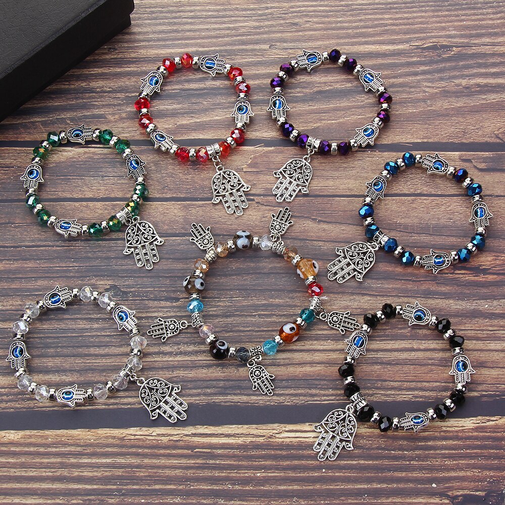 Bracelet élastique mauvais œil turc pour hommes, breloques en cristal, main de Fatima, perlé, réglable, bijoux de Yoga,