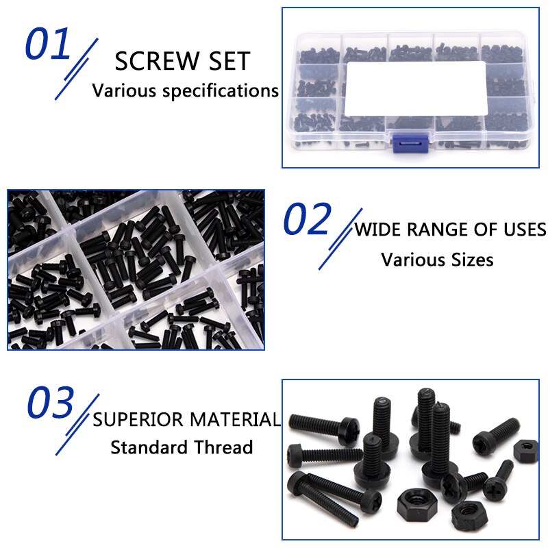 480 st  m2 m2.5 m3 nylon runda huvuden phillips skruvbultar sexkantsmuttrar set svart vit plastskruvar sortimentssats