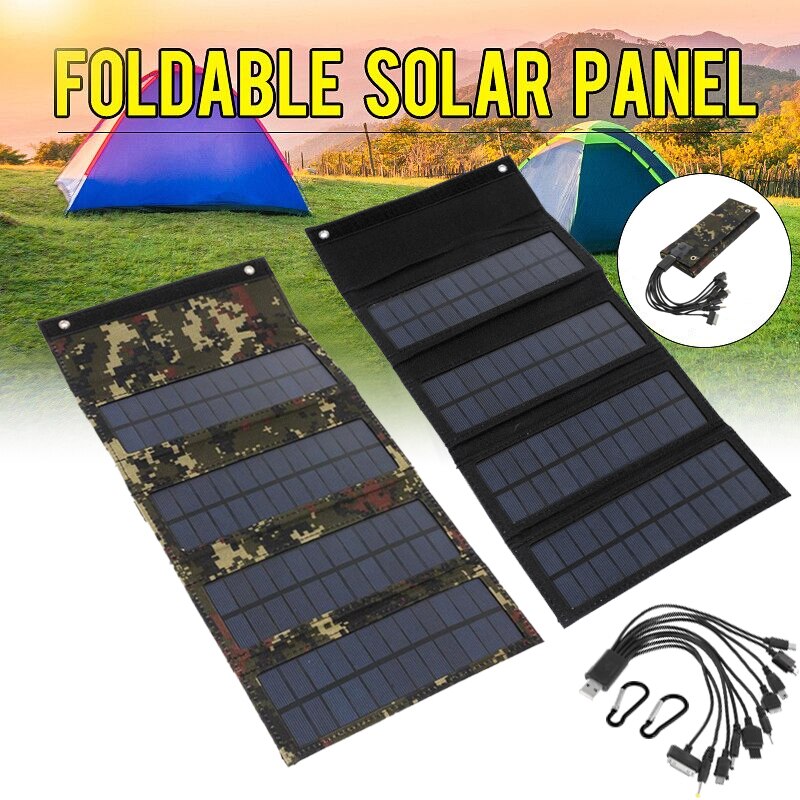 Sun power 50W 5V Foldable Solar Panel Solar Cells Folding Pack 10 in1 USB Cable Portable Solar Battery Charger for Phone Camping
