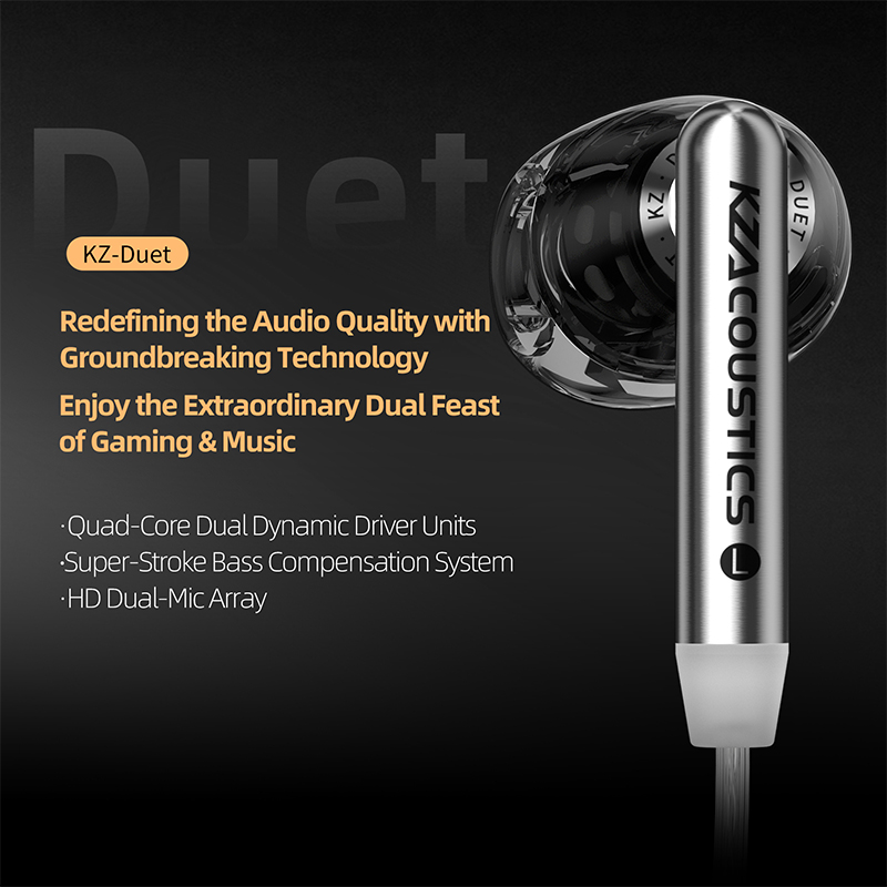KZ Duet Quad Core Dual Dynamic Drivers Earphones In Ear Wired Earbuds for Music Gaming HiFi Sound Stereo Headset