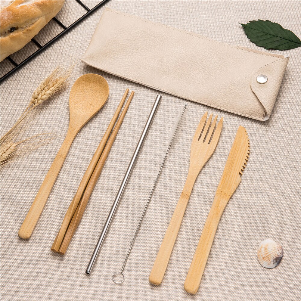 7pcs Reizen Bestek Hout Draagbare Servies Set Houten Bestek Sets Reizen Serviesje Pak Milieu met Doek Bag: 7pcs set0012