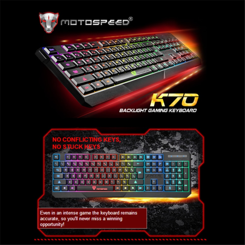 Motospeed K70 Waterproof Colorful LED Illuminated Backlit USB Wired Keyboard mechanical keyboard keys A30