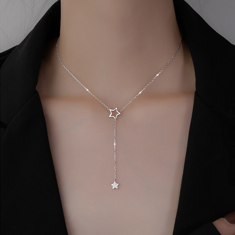 Trendy Rhinestone Star Ketting Vrouwen Kwastje Zirconia Sleutelbeen Ketting Hanger Kettingen Bruiloft Verjaardag Sieraden: Silver Color