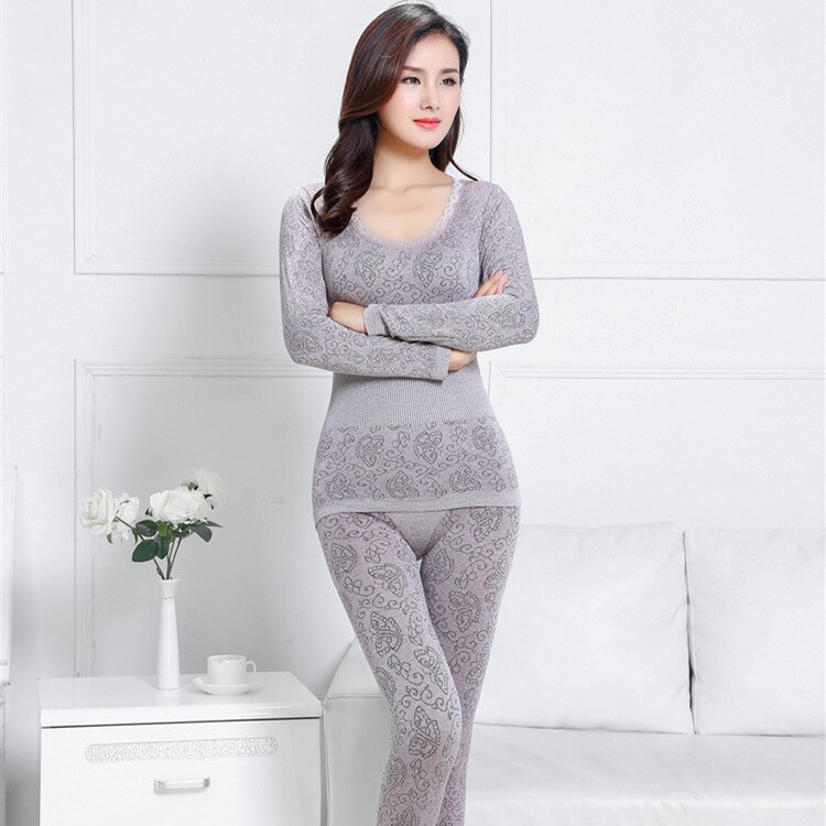 Thermal Underwear Set Lace Woman Winter Clothing Warm Suit Long Sleeve Top Warm Pants Leggings Thermo Underwear Undershirt Print: E