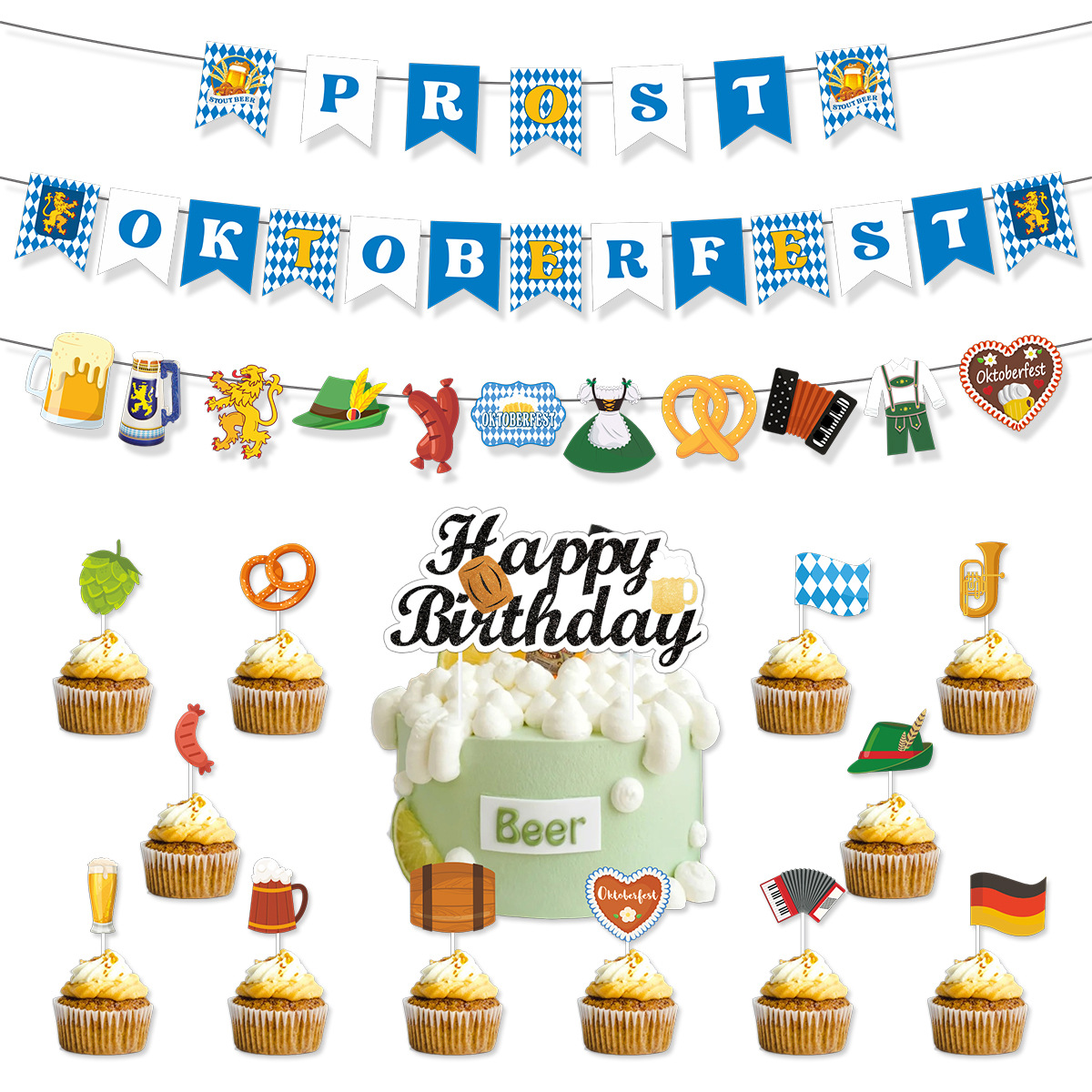Oktoberfest Theme Party Banner Spiral Hanger Cake Topper for Adult Birthday Oktoberfest Beer Party Background Decoration