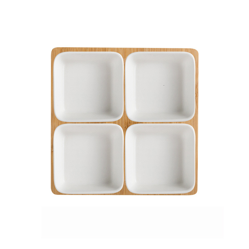 Firkantet keramik frugtfad keramisk fad salat tallerken porcelæn snacks slik nøddesesserter øko naturlig serverings bambus bakke sæt: 4 stk hvid