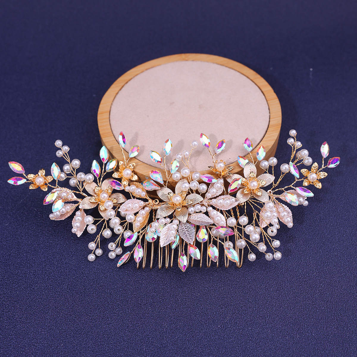 Peineta para el cabello hecha a mano con diamantes de imitación azules, diadema para mujer, Tiara, accesorios para el cabello, peines para el cabello de boda, adornos para la cabeza de boda: Color dorado