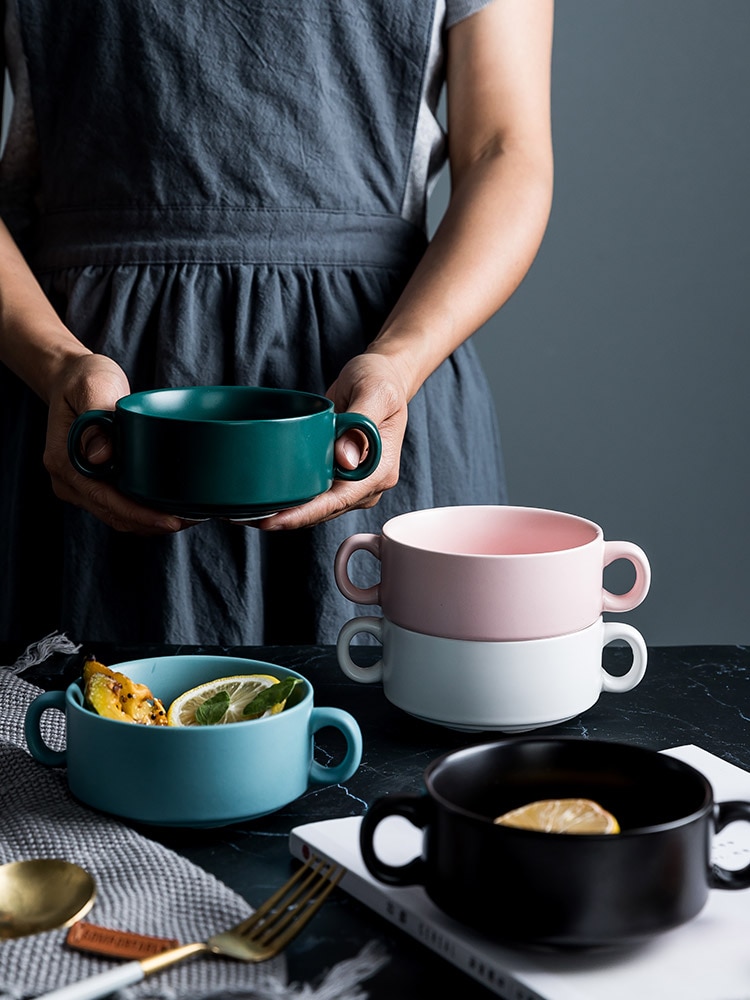 Europäischen Stil Keramik Binaurale Runde Backen Schüssel Gedämpfte Ei Nachtisch Kuchen Snack Schüssel Ofen Spezielle Suppe Frühstück Schüssel Geschirr