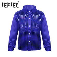 Kinderen Kids Jongens Glittery Lovertjes Lange Mouwen Spread Kraag Shirt Voor Koor Jazz Dance Stage Performance Jongen Dansen Kostuums
