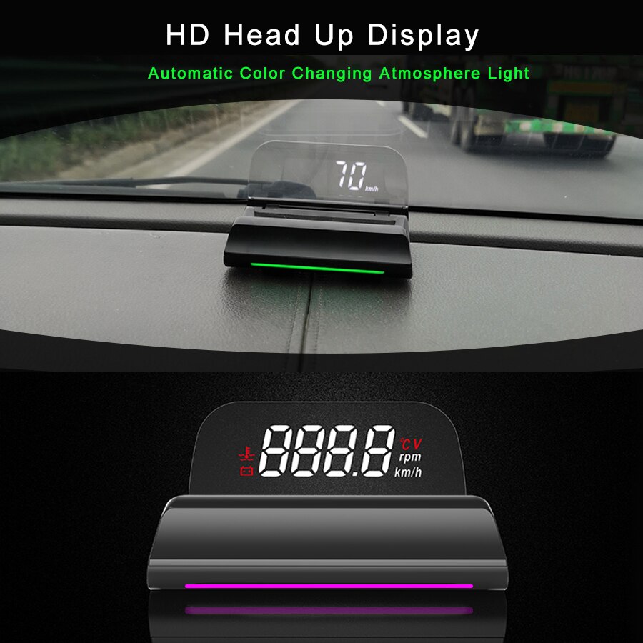 obd HUD Head Up Display 4K+ HD Display Speedometer Water Temperature RPM With Ambient Light Overspeed Warning Voltage OBDII KM/H