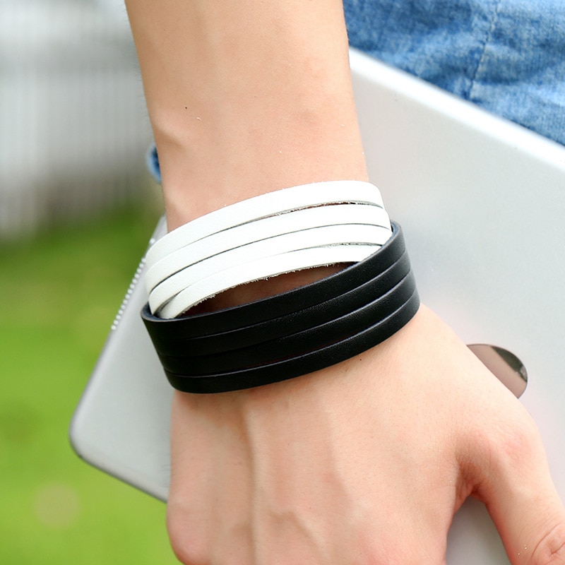 hommes Bracelet en cuir manchette ouverte corde bracelets et Bracelet Double large noir blanc couleur Vintage Punk unisexe bijoux