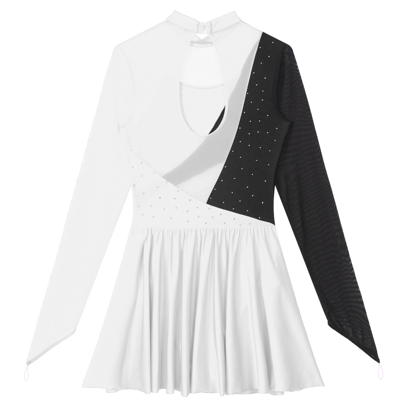 Womens Kunstschaatsen Prestaties Kostuum Ballet Lyrical Dance Gymnastiek Turnpakje Jurk Lange Mouwen Rhinestone Sheer Mesh Tutu