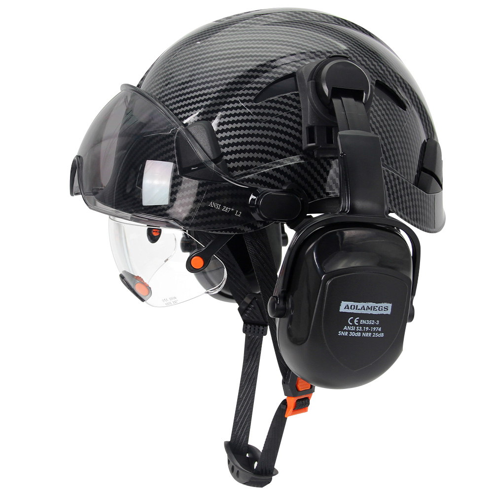 Schutzhelm mit Visiere, integrierte Schutzbrille, verbesserte Ohrenschützer-Rauschunterdrückung für Ingenieure, ABS-Schutzhelm, ANSI-Industrie-Arbeitskappe: Armee Grün