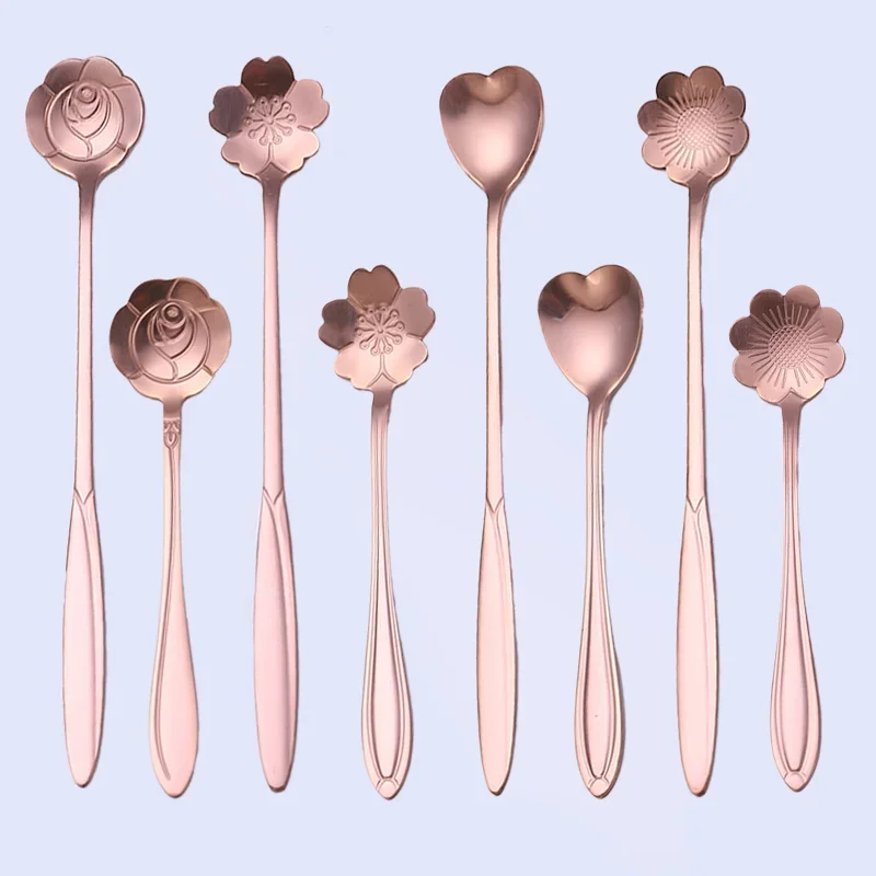 Cucharas largas de acero inoxidable para postre, cuchara de flores de 4 piezas, mango largo dorado, cuchara mezcladora para café y pastel, accesorios de cocina: Verde