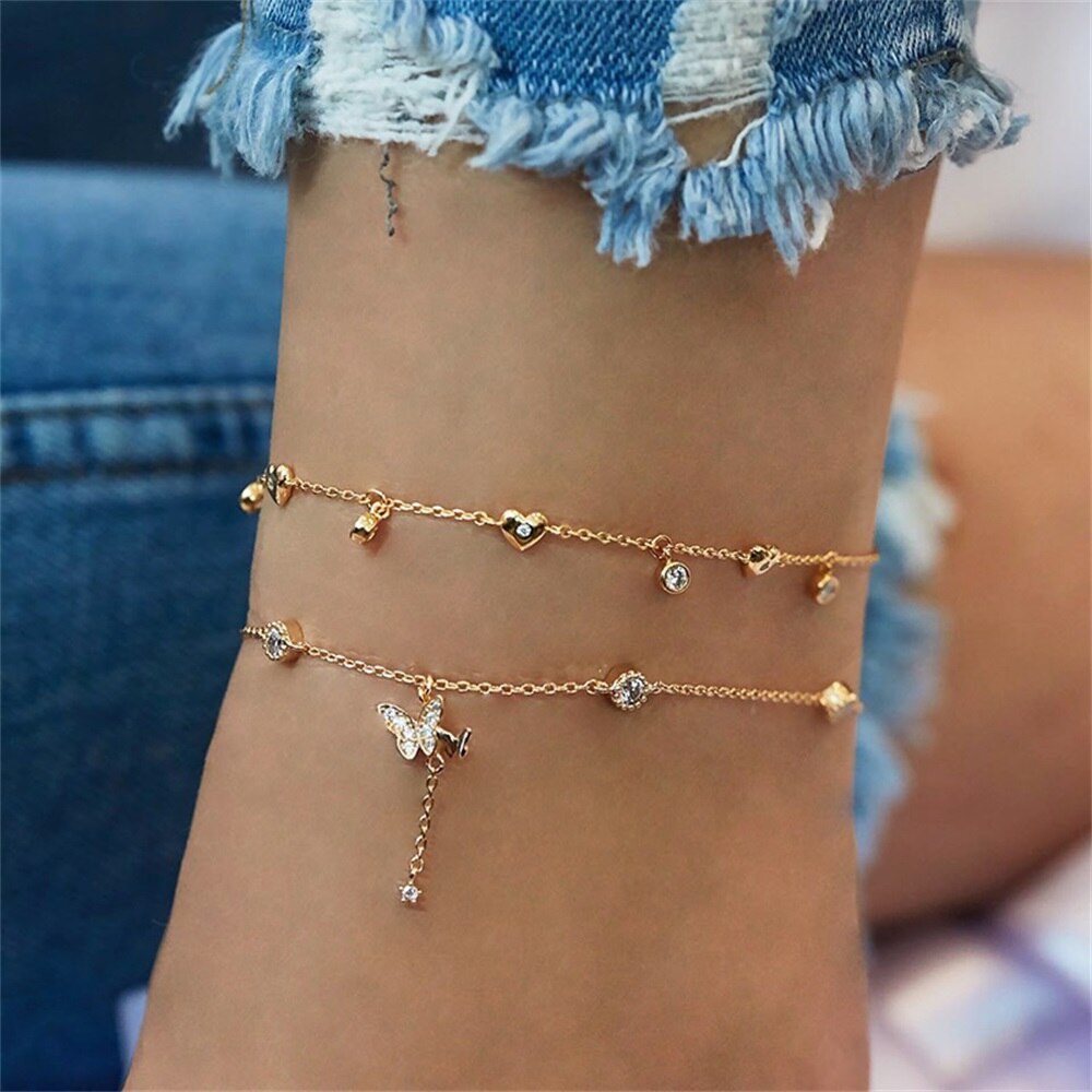 EN – Bracelet de cheville rétro pour femmes, ensemble de 4 pièces, goutte d'eau, perle, cœur, paillettes, style bohème, bijoux de plage, à la: ENS2000001768