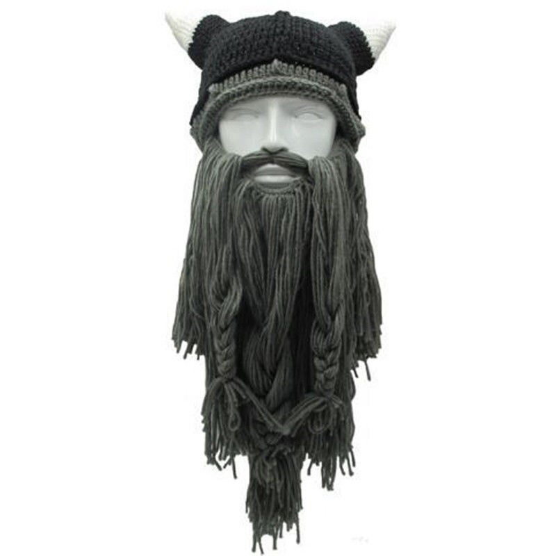 Rolig galen halloween cosplay män stickad viking skägg horn hatt skidmask keps barbar vagagond cool mössa vinter varm unisex hatt