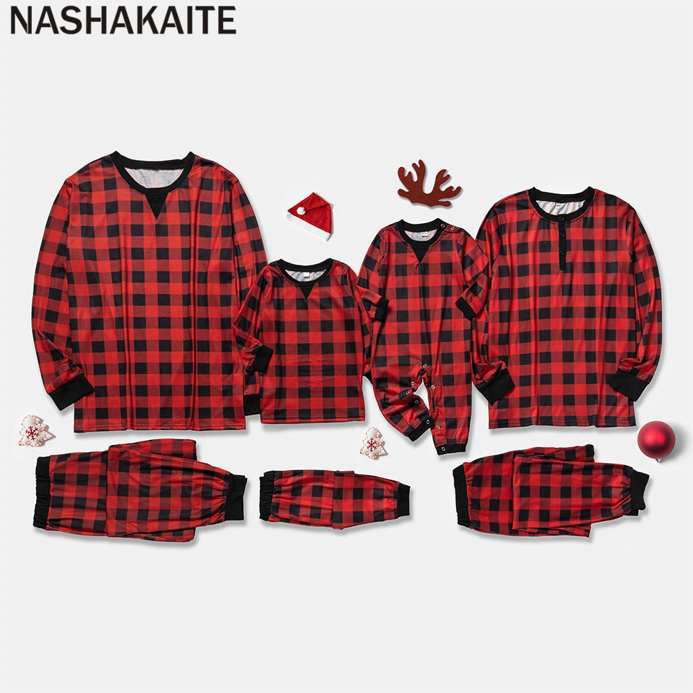 Nashakaite familie julepyjamas rød rutete mor datter langt sønn baby julepyjamas varm julepyjamas familie