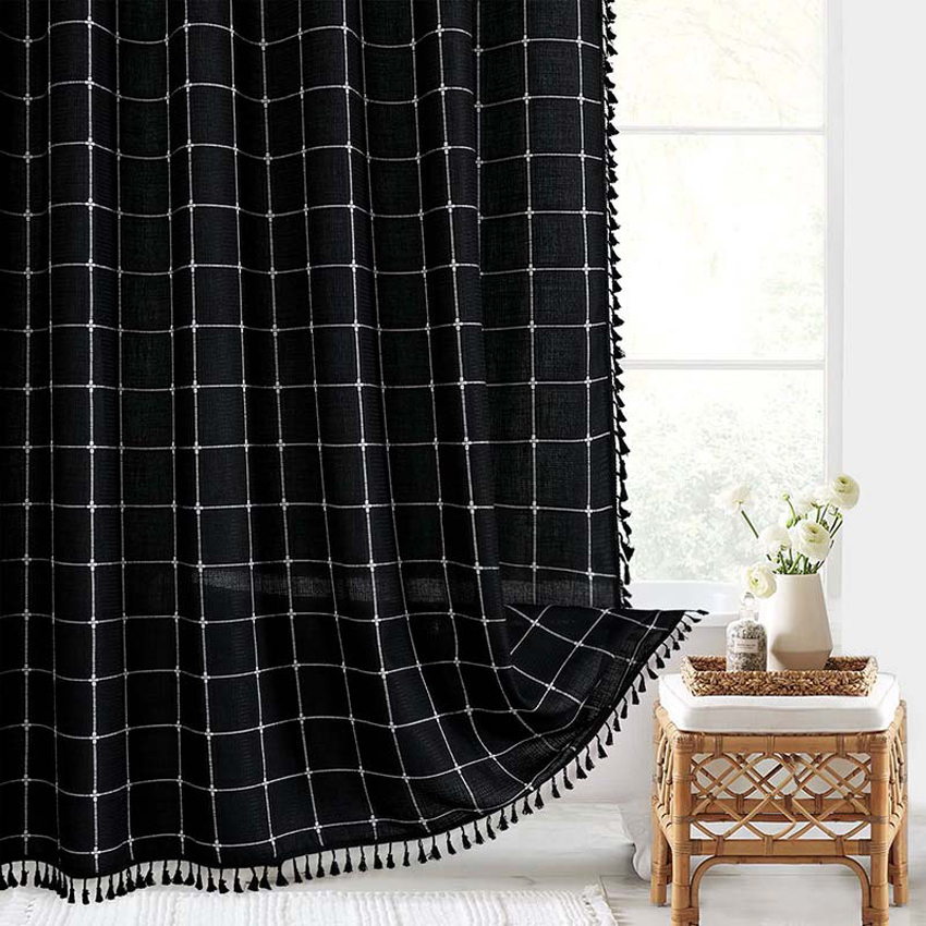 Jacquard-Leinen-Duschvorhang mit Quasten, nordische wasserdichte dicke Badvorhänge für Badezimmer, Badewanne, Badeabdeckung mit Haken: 150*180cm / Schwarz