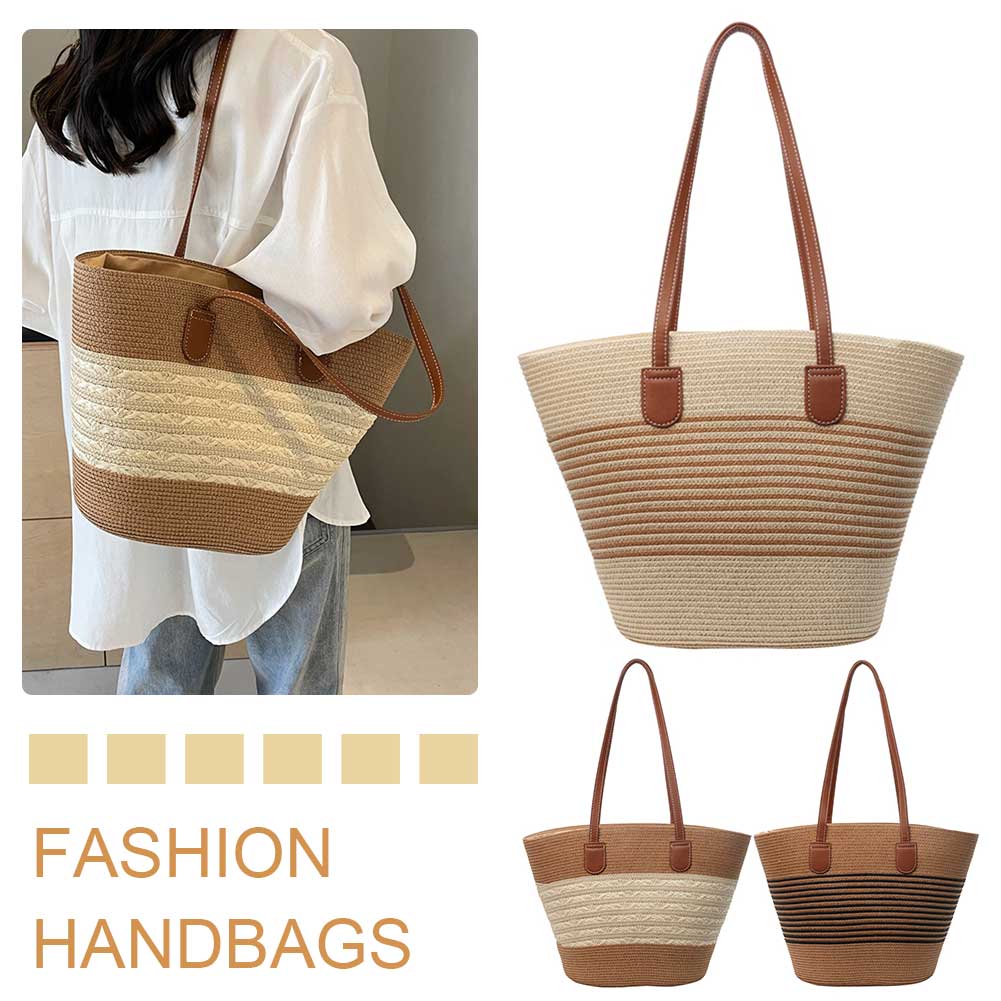 Dame tote taske med lynlås stribe vævet ferietaske stor kapacitet håndlavet taske ensfarvet til shopping arbejde strandtaske