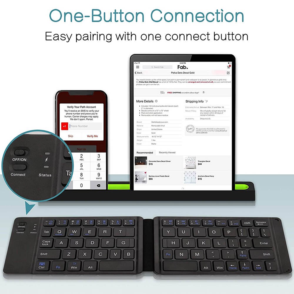 Foldable Light-Handy Mini Bluetooth Keyboard Wireless Portable Rechargeable Keyboard Slim Folding Keypad for iOS Android Windows