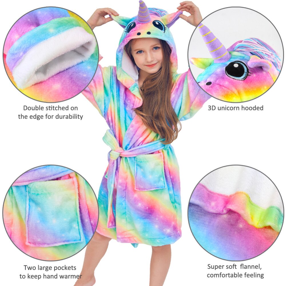 Unicorn regnbåge badrockar för flickor pyjamas långa ärmar huva handduksrep för barn hemkläder varma nattkläder för barn