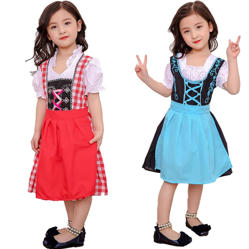 Barn flickor tysk oktoberfest dirndl piga kostym bonde snörning förkläde bomull klänning puffärmar outfit för barn flickor 3-10t