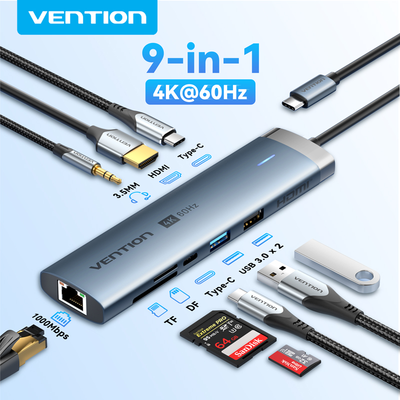 Vention 4K60Hz USB C HUB HDMI Adapter Type C to RJ45 Ethernet USB3.0 PD100W SD&TF for Laptop MacBook Pro Docking Station USB HUB