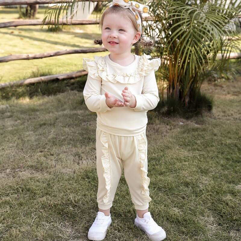 Baby Girl Solid Outfits 2PCS 3T Toddler Girls Clothes Pink Ruffled Long Sleeve Set 2021Chic Spring Baby Clothes Mikrdoo