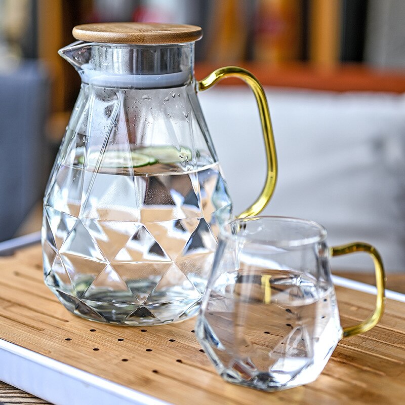 Diamant Patroon Glas Water Jug Transparante Home Karaf Warm Koud Water Pitcher Hittebestendige Koffie Theepot Met Bamboe Houten Deksel