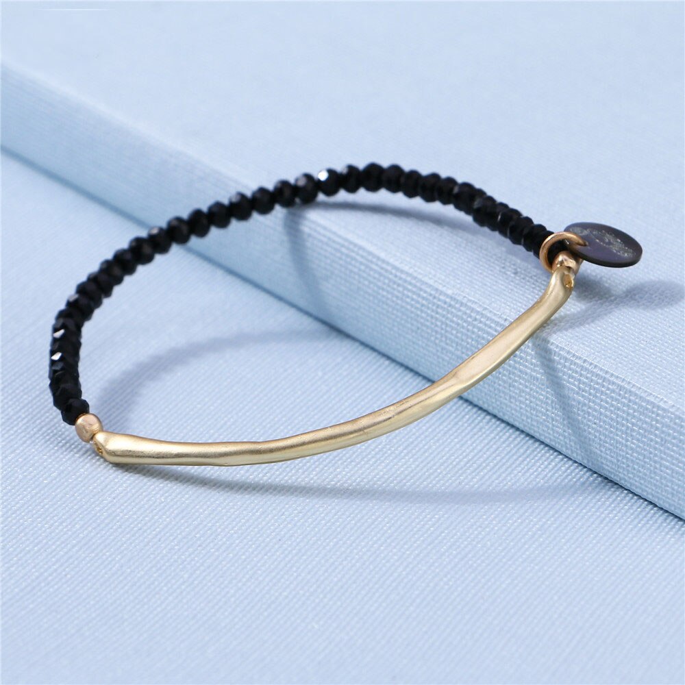 Black Crystal Beaded Bracelet Female Gold Adjustable Copper Tube Elastic Bracelet Simple Shape Jewelry