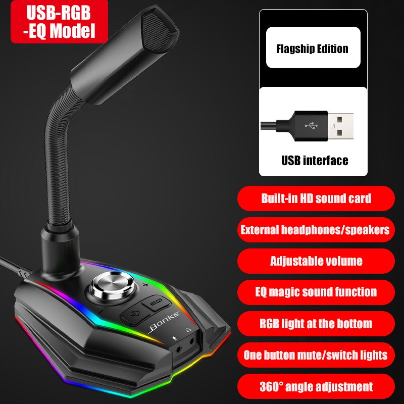 USB Sound Card RGB Microphone Computer With Speaker Headset Jack Free Drive Noise Reduction 360° Rotate HD Receiver: USB-EQ-RGB-Model