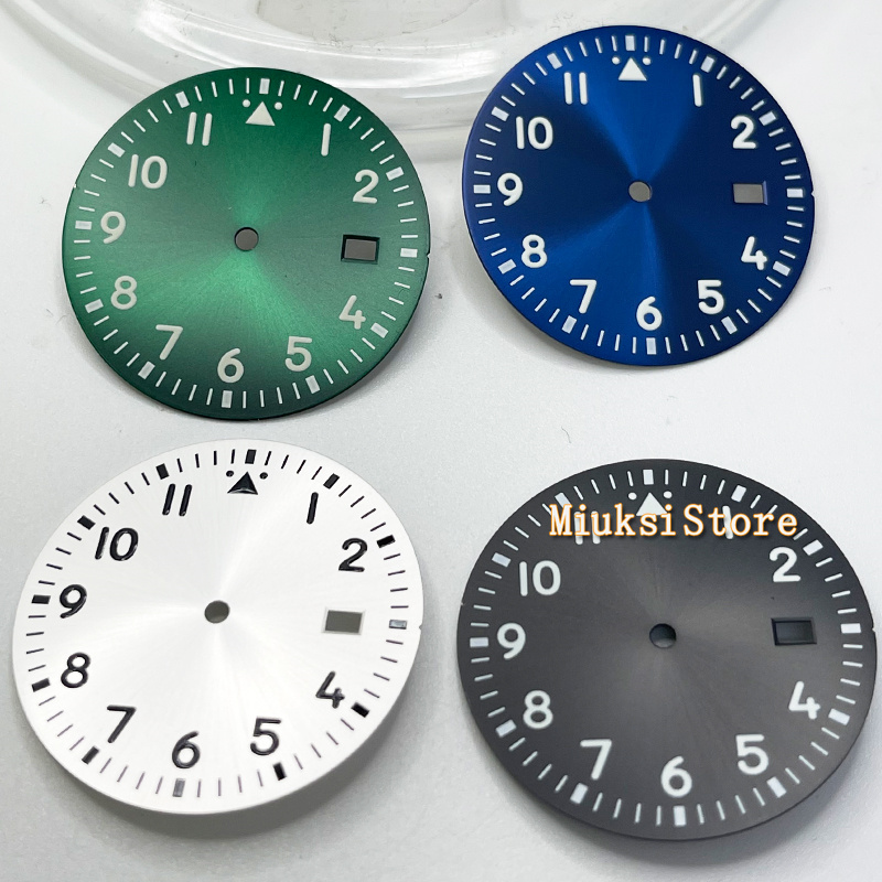 33.8Mm Zilver Kleur Horloge Onderdelen Steriele Sunburst Steel Wijzerplaat Fit NH35 Uurwerk Gezicht Groene Lichtgevende Marks Datum Venster