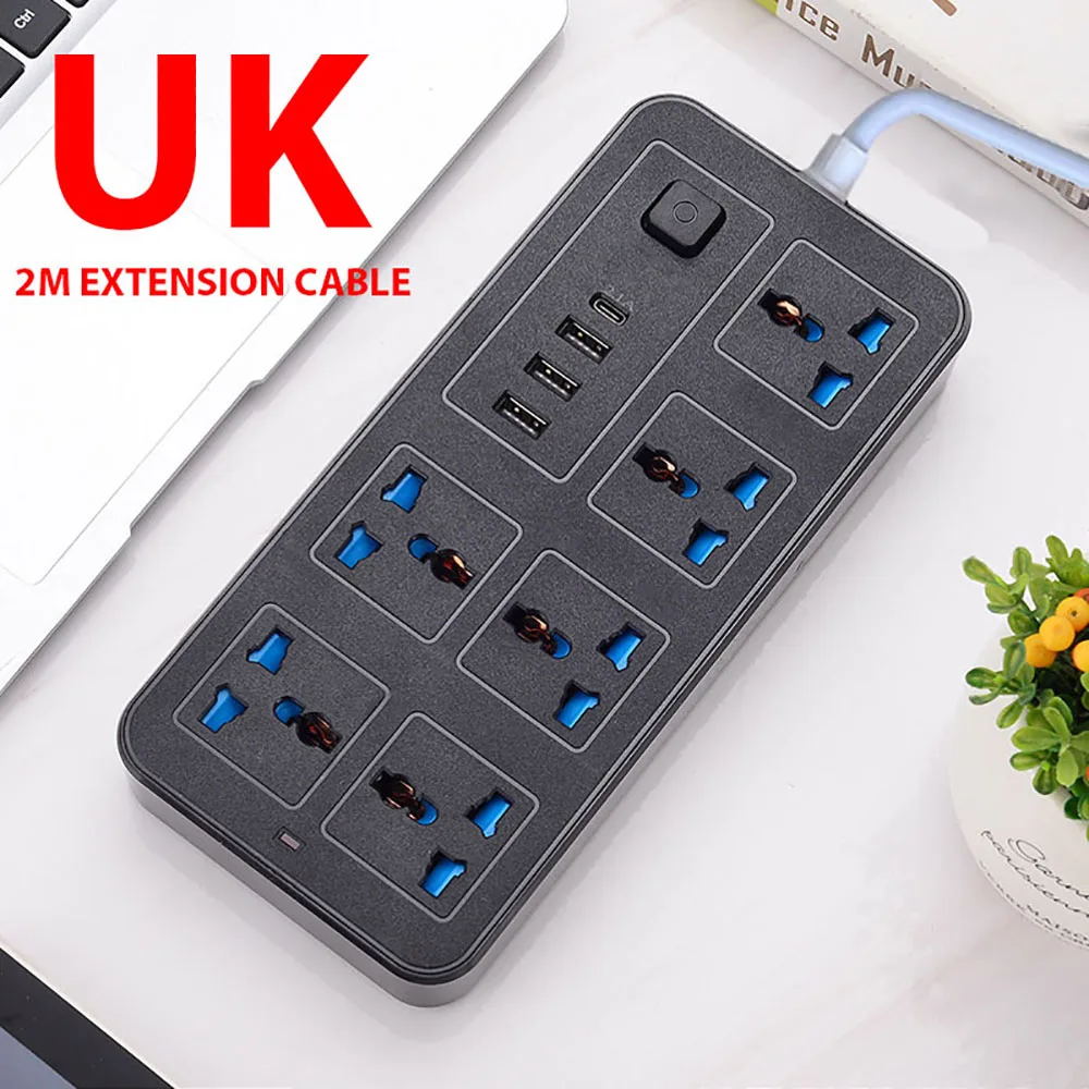 Strømuttak med flere tilkoblinger universalplugg eu usa uk stikkontakt strømskinne ac type c usb-port lade stikkontakt med 1.8m skjøteledninger: Militærgrønn
