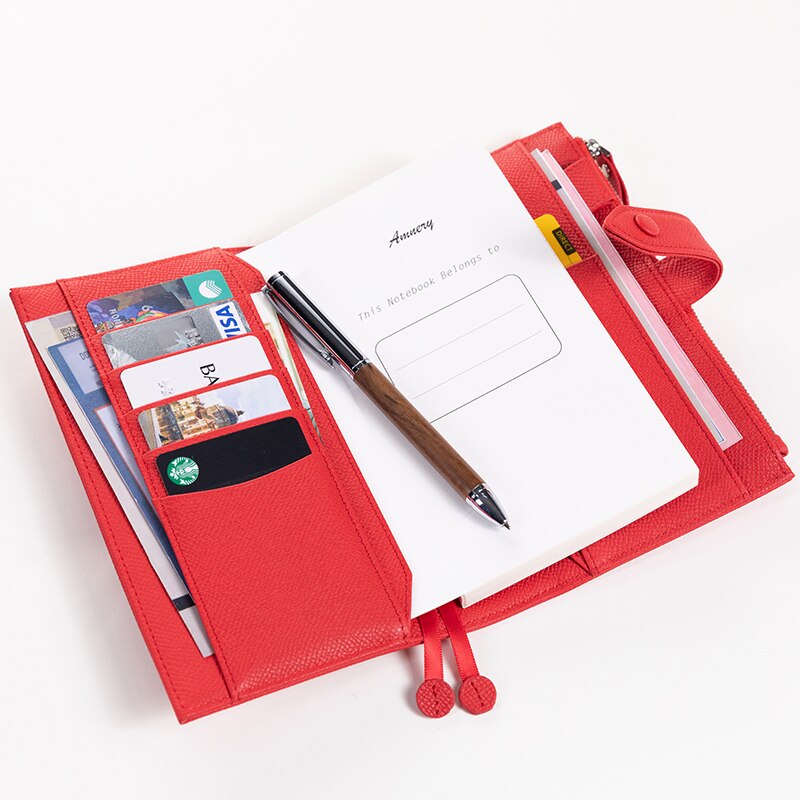 Amnery Lederen Notebook Cover, A6 Slanke Hervulbare Met Pen Lus En Kaartsleuven