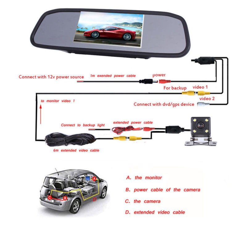Podofo HD 4.3 Inch Car Monitor Mirror Screen TFT LCD Color Display Parking System for Rear View Camera Night Vision Reversing