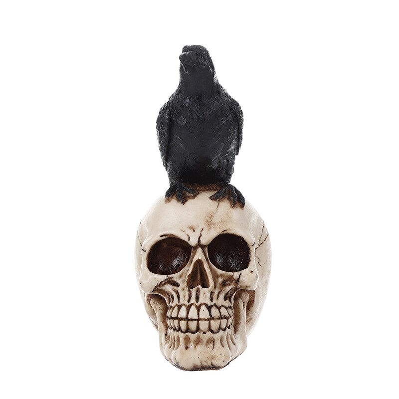 21cm Resin Crow Skull Horror Figurines Sculpture Ornament Halloween Party Decor Garden Statues Personality Art Skull Head