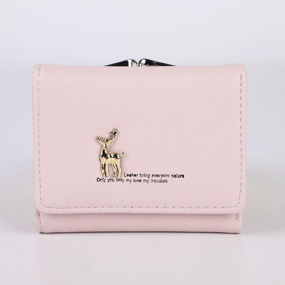 Cute Wallets Leather Women Wallets Short Wallet Student Coin Purse Card Holder Ladies Clutch Bag Small Deer Female Purse: A-pink