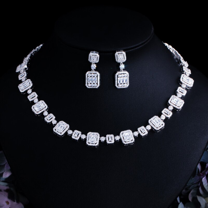 Cwwzirconi di lusso con zirconi cubici africani pavimenta Set di gioielli da sposa Color oro bianco per accessori per abiti da festa da donna T548