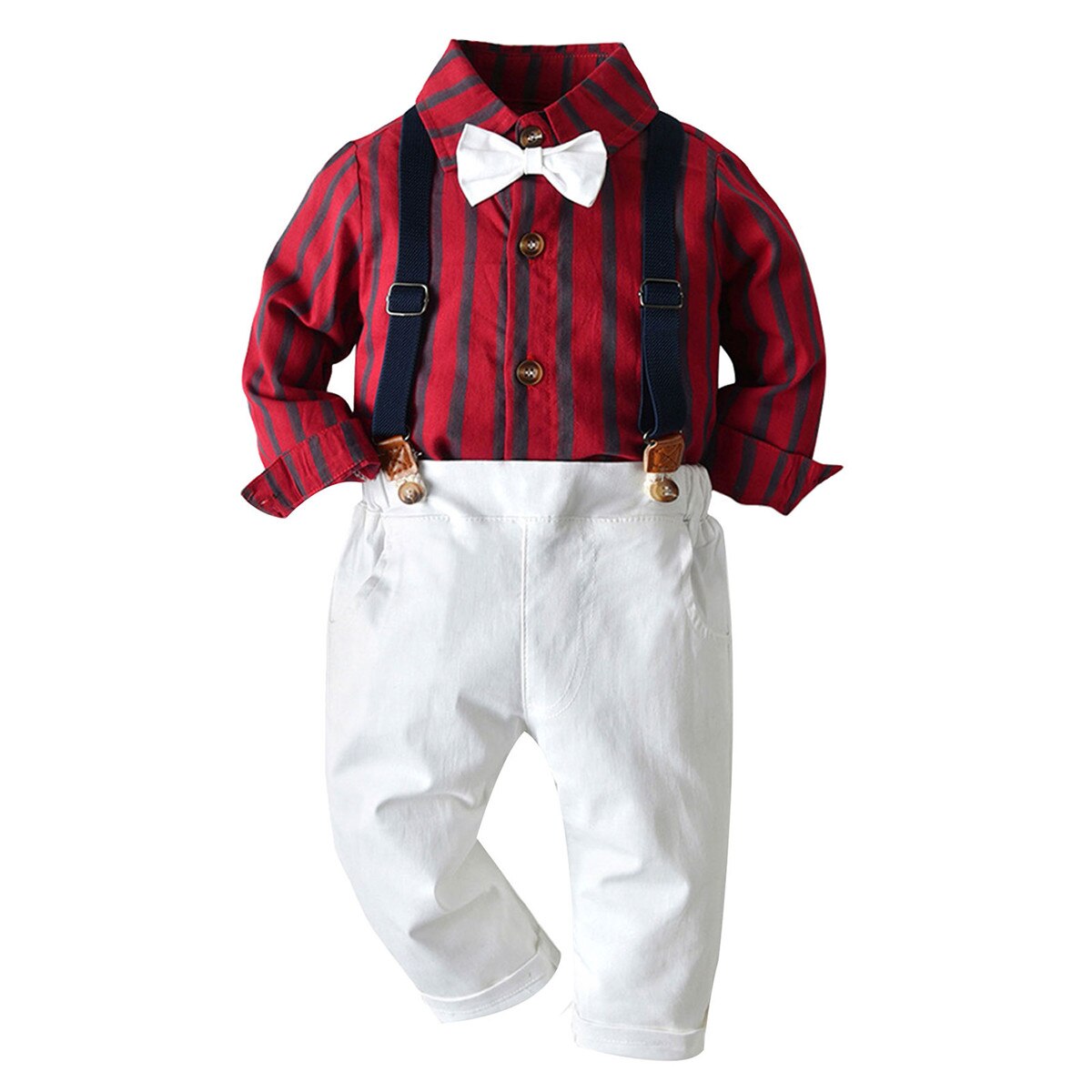 Kleinkind Baby Junge Outfit Lange Ärmel Revers Gestreiften Hemd Hosenträger Hosen Gentleman Anzug für Jungen freundlicher Party Kostüm setzt