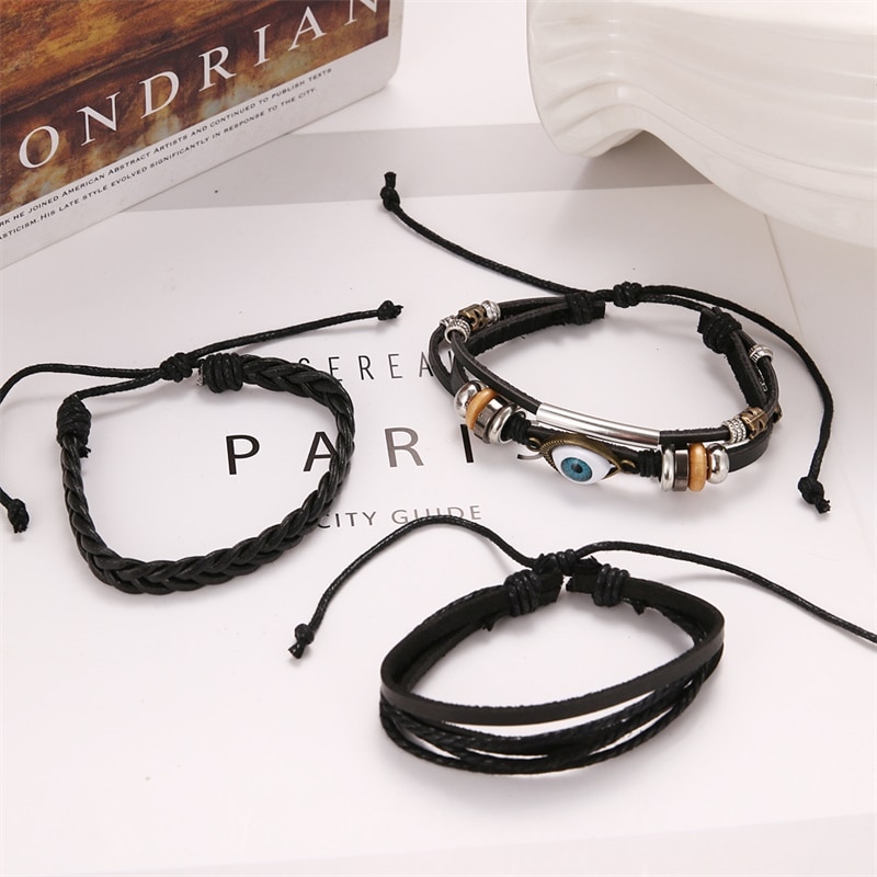 Ifmia justerbart flerlags læderarmbånd mænd håndlavet reb horn blad fjer sæt armbånd armbånd smykker