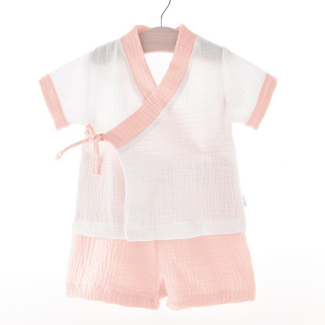 Baby gaze kimono komfort kortærmet børnetøjstøj pyjamas sæt til børn hanfu stil pyjamas jul  z885: Lyserød / 3t