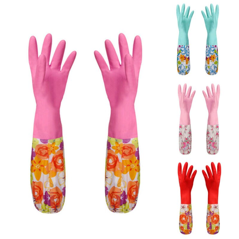 Reusable Rubber Latex Waterproof Dishwashing Gloves Long Cuff and Flock Lining Warm Household Cleaning Gloves Kitchen Tools